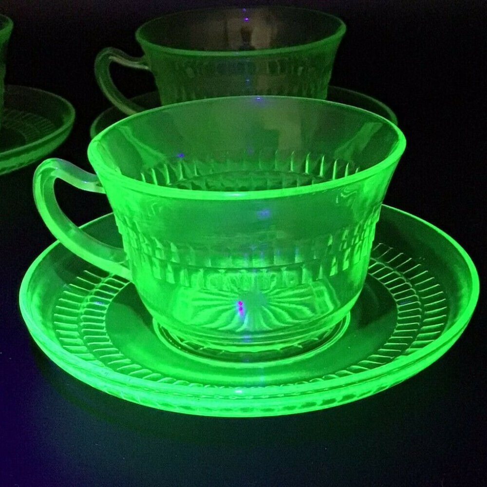 Anchor Hocking Roulette Green URANIUM Depression Glass 1 Cup and Saucer